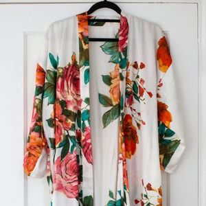 Floral Bridal Bridesmaid Long Robe Kimono w/ Tie